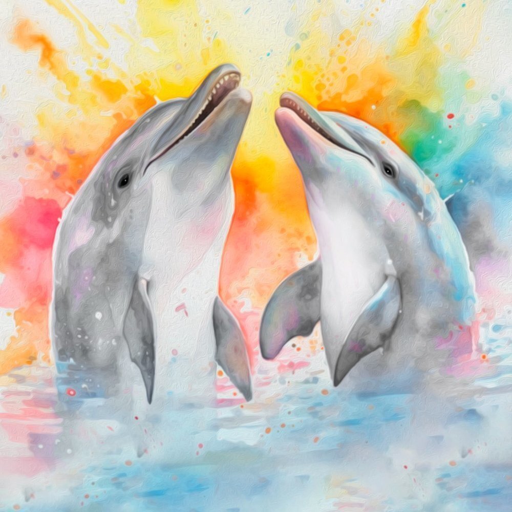 16x20 Happy Dolphins Playing‎ Splashing Watercolor Oil Painting Fantasy Poster - Picture 2 of 6